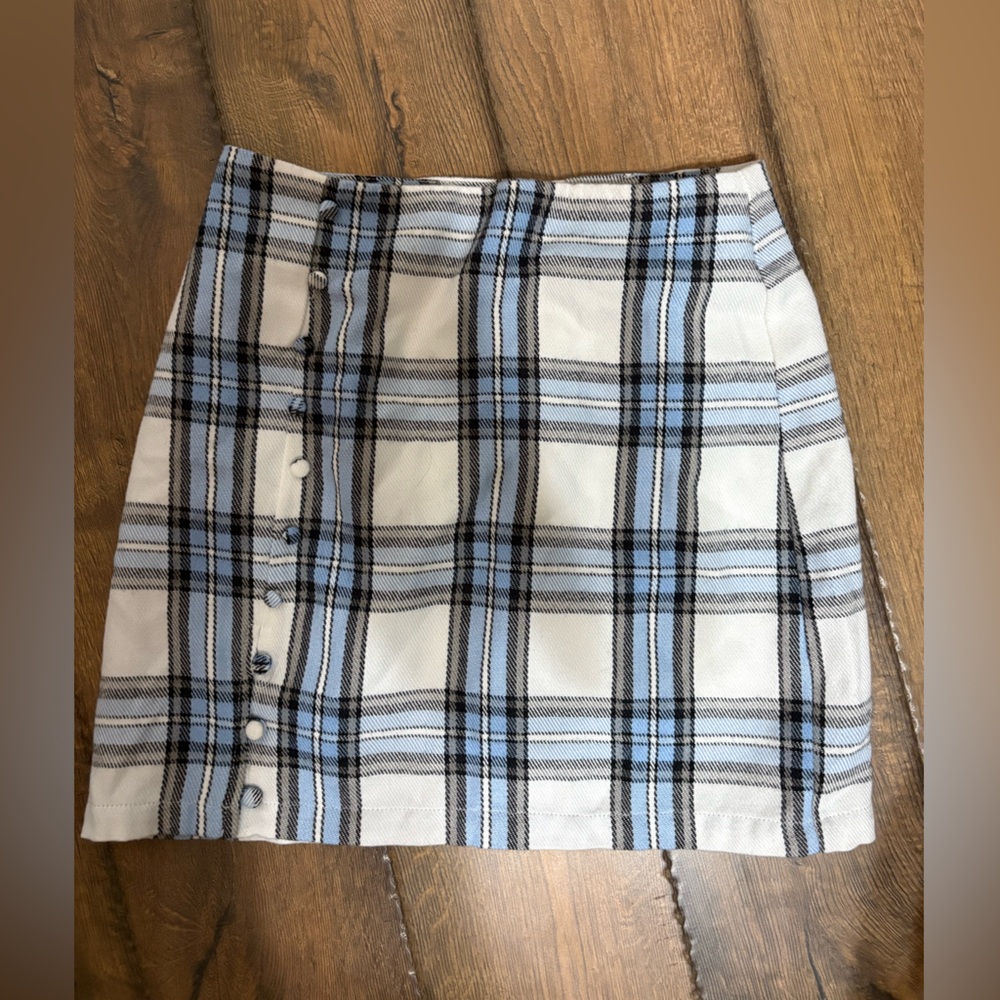 Blue Rain Checkered Pencil Skirt with Button Accents